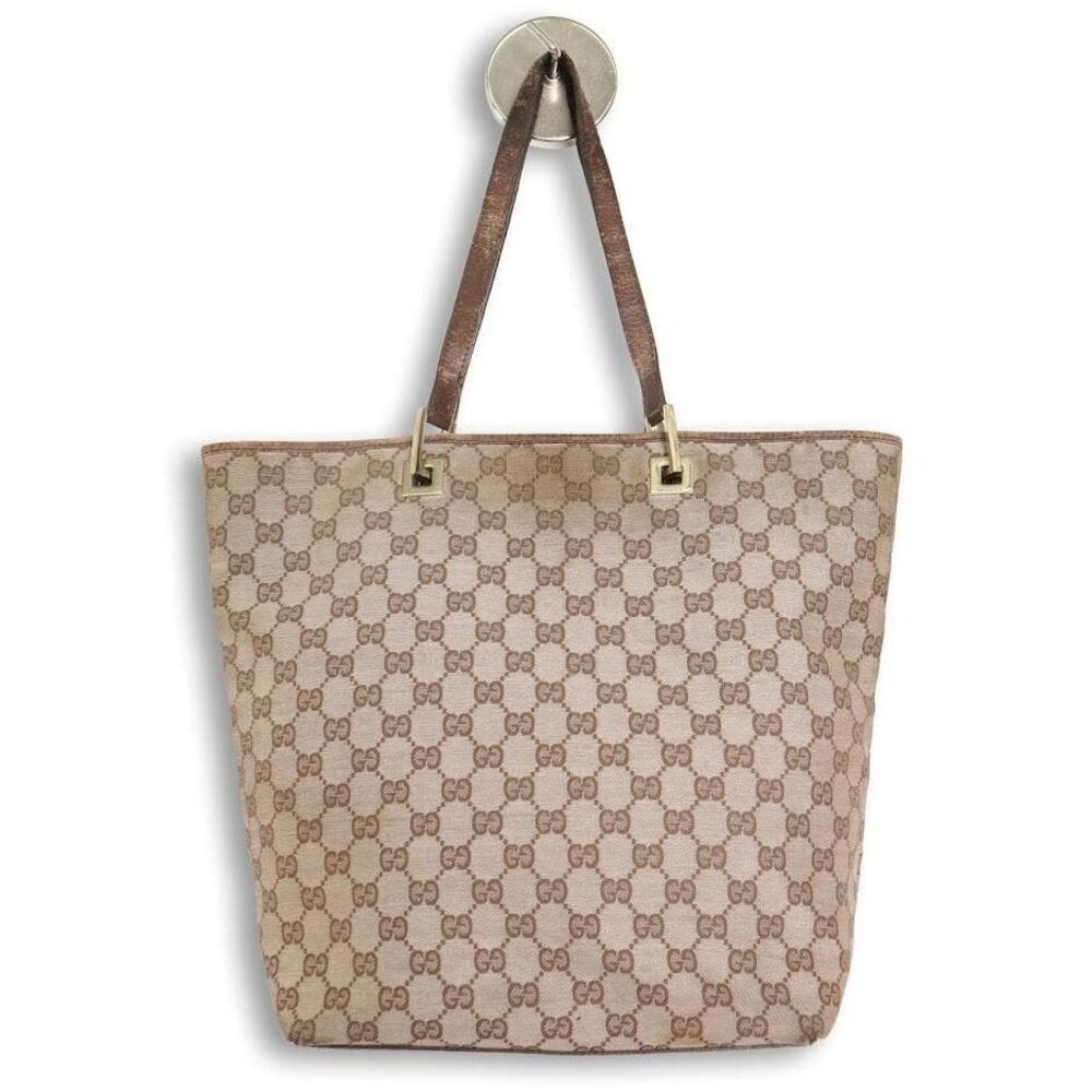 Gucci GG Canvas Tote Bag Beige Leather Handbag Travel Laptop - Picture 1 of 10